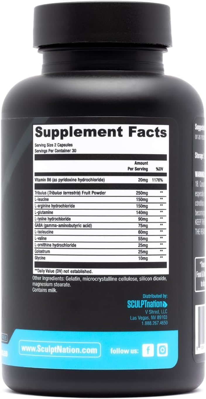 Sculpt Nation V Shred Energy and Performance Support Capsules with L Arginine, Tribulus Terrestris, and Amino Acids - 60 Gluten Free Capsules for Lean Body Mass and Recovery
