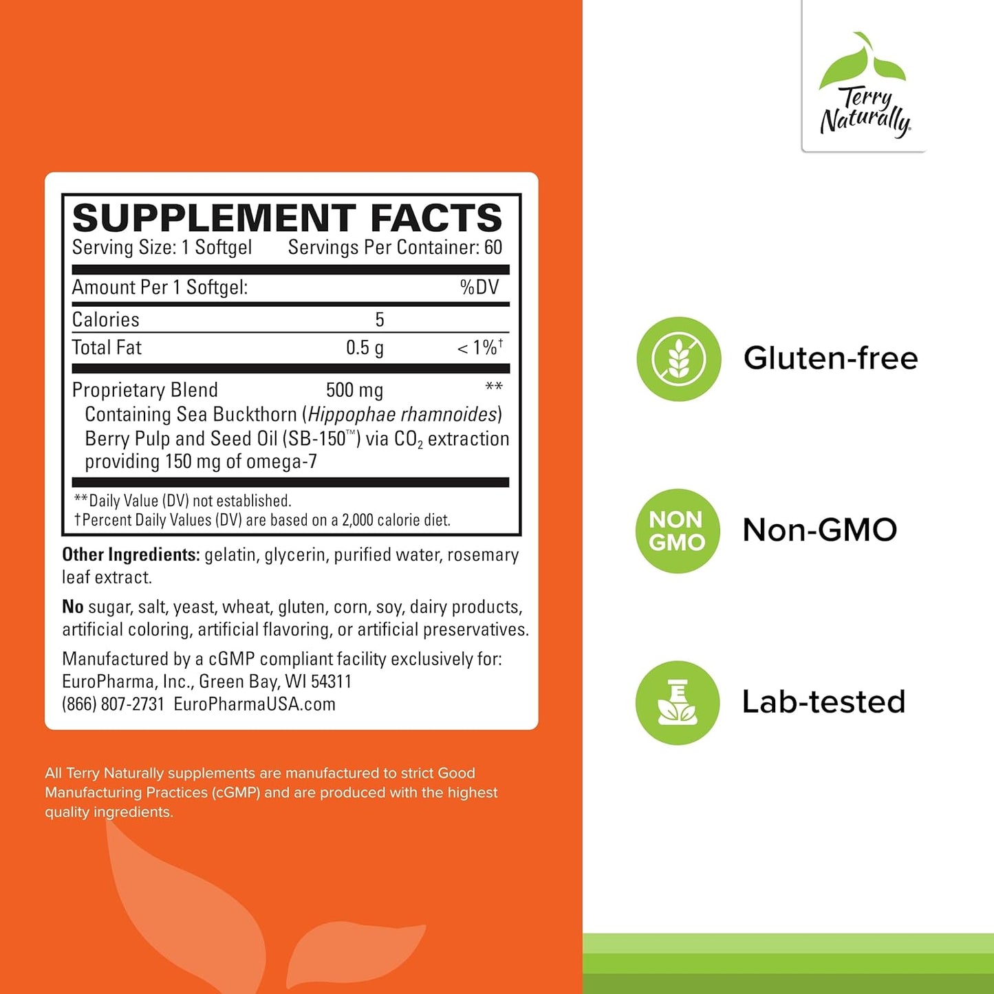 Sea Buckthorn Supplement with Omega-7 for Skin Moisturization - 60 Softgels, Non-GMO & Gluten Free - 60 Servings