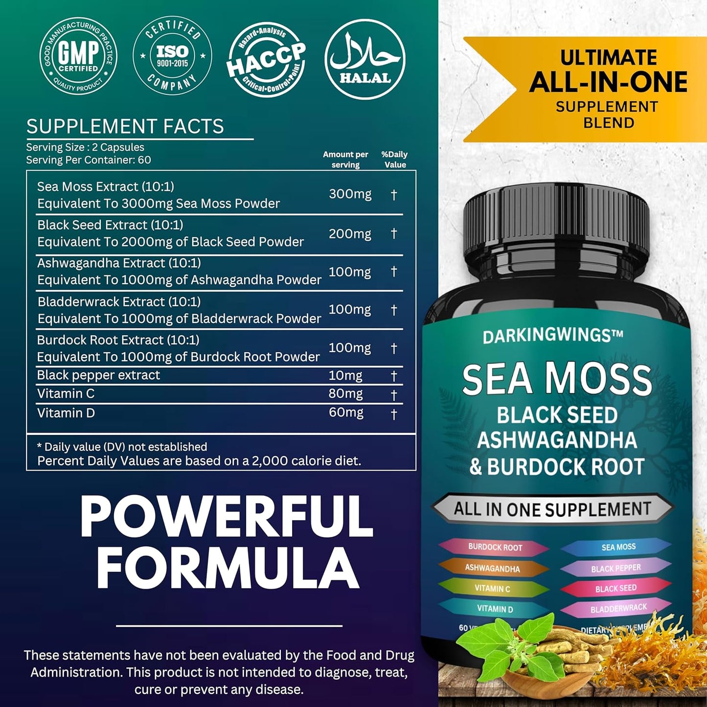 Sea Moss Advanced Formula with Black Seed Oil, Ashwagandha, Bladderwrack, Burdock, Vitamin C&D - 60 Capsules for Overall Health & Immunity Boost