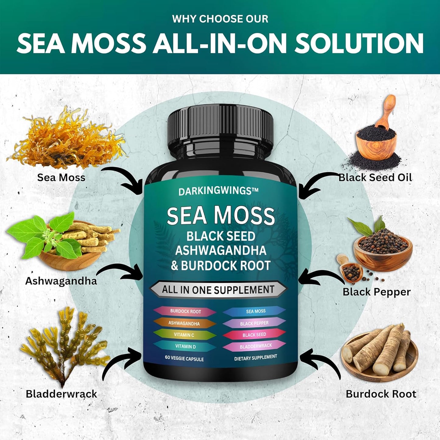 Sea Moss Advanced Formula with Black Seed Oil, Ashwagandha, Bladderwrack, Burdock, Vitamin C&D - 60 Capsules for Overall Health & Immunity Boost