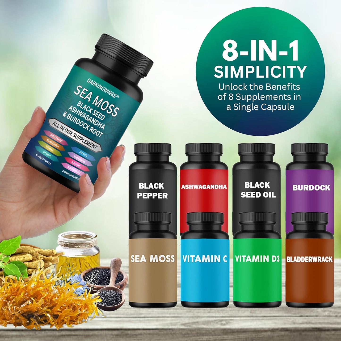 Sea Moss Advanced Formula with Black Seed Oil, Ashwagandha, Bladderwrack, Burdock, Vitamin C&D - 60 Capsules for Overall Health & Immunity Boost