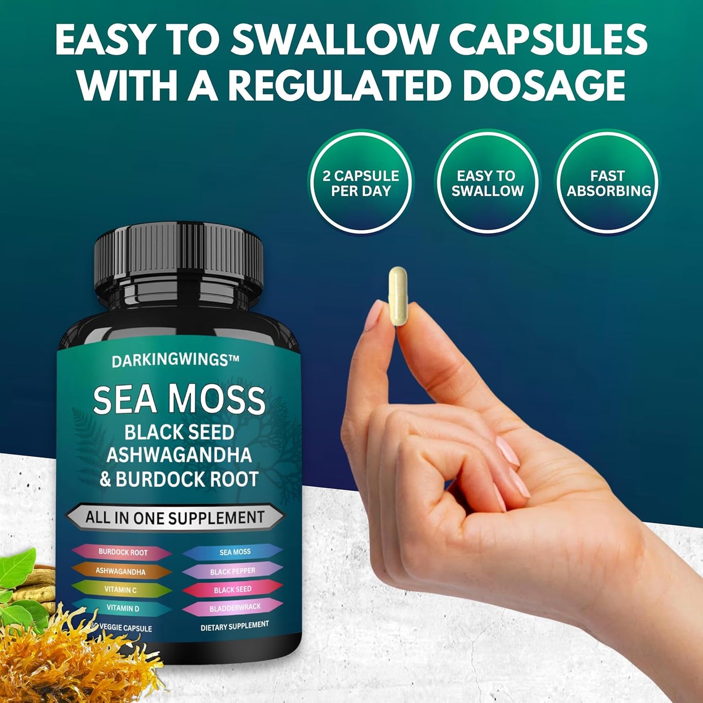 Sea Moss Advanced Formula with Black Seed Oil, Ashwagandha, Bladderwrack, Burdock, Vitamin C&D - 60 Capsules for Overall Health & Immunity Boost