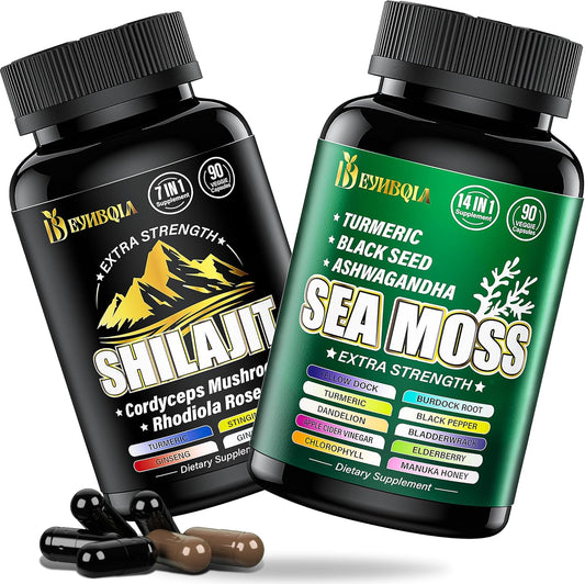 Sea Moss and Shilajit Supplement Bundle - 90 Count - 21-in-1 Superfood Capsules with Black Seed Oil, Ashwagandha, Turmeric, Rhodiola Rosea, Burdock, and Bladderwrack - 2 Packs of Brown Capsules