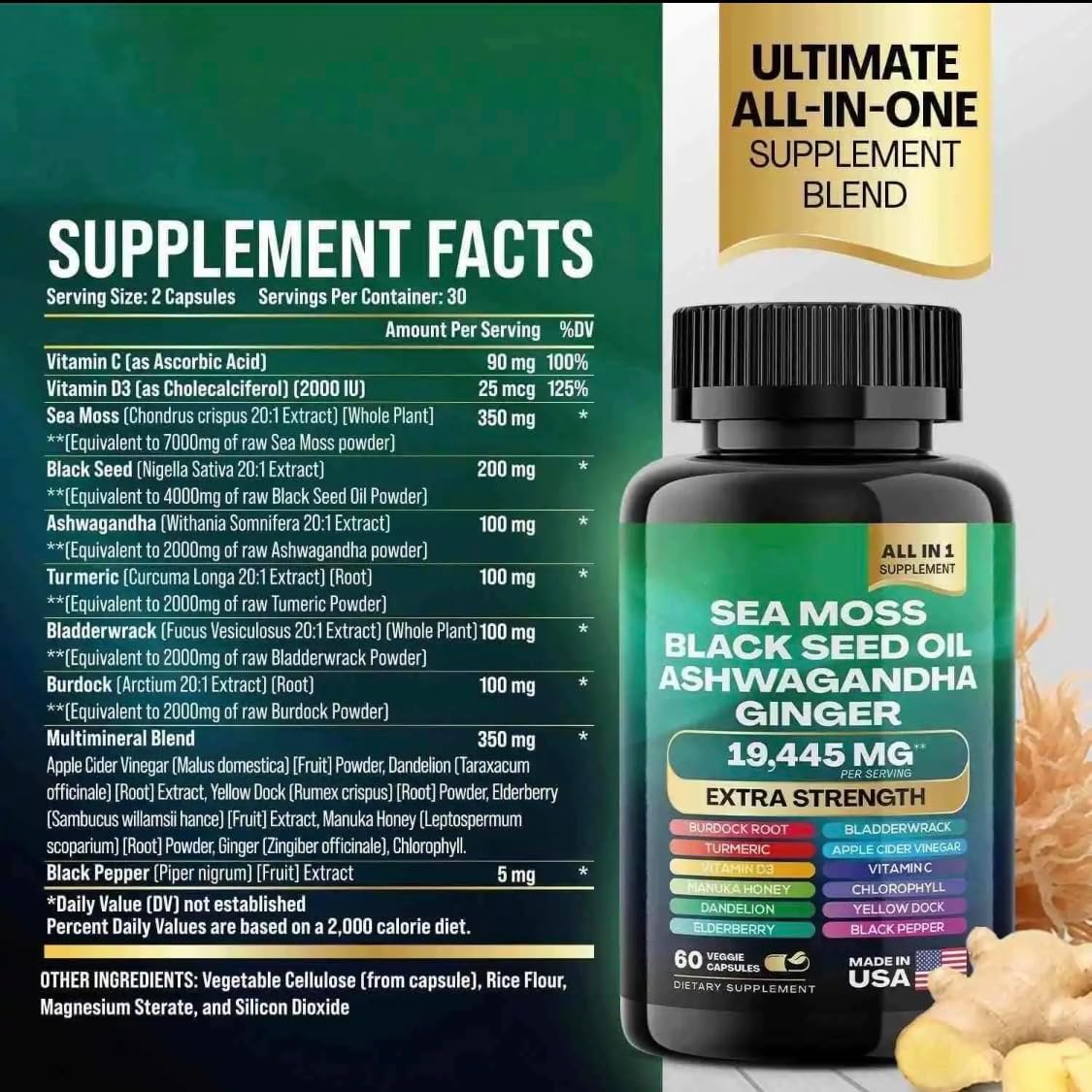 Sea Moss and Shilajit Supplement Bundle with Black Seed Oil, Ashwagandha, Ginger, Rhodiola Rosea, Panax Ginseng - 60 Count