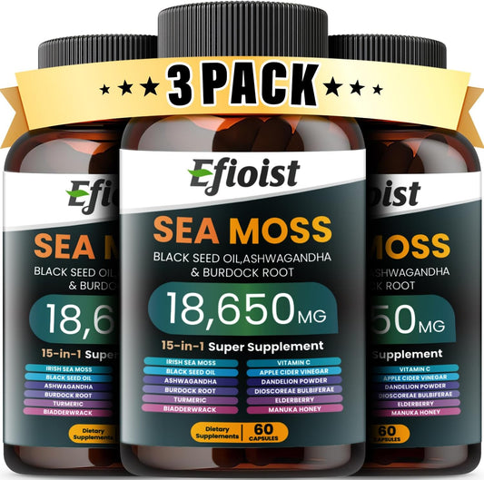 Sea Moss Black Seed Oil Ashwagandha Ginger Supplement with Burdock Root, Turmeric, Bladderwrack, Chlorophyll, ACV - 180 Capsules