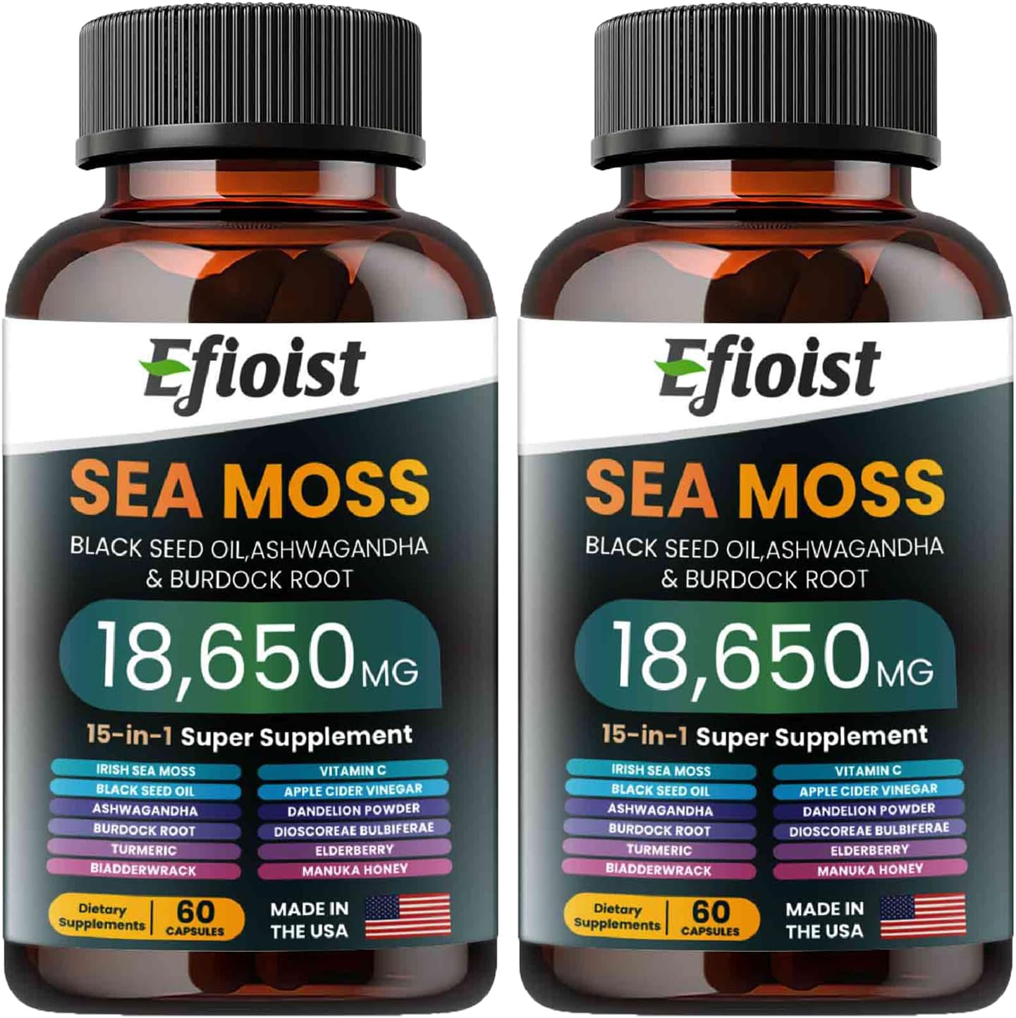 Sea Moss Black Seed Oil Supplement with Ashwagandha, Burdock Root, Turmeric, Bladderwrack, Chlorophyll & ACV - 120 Count