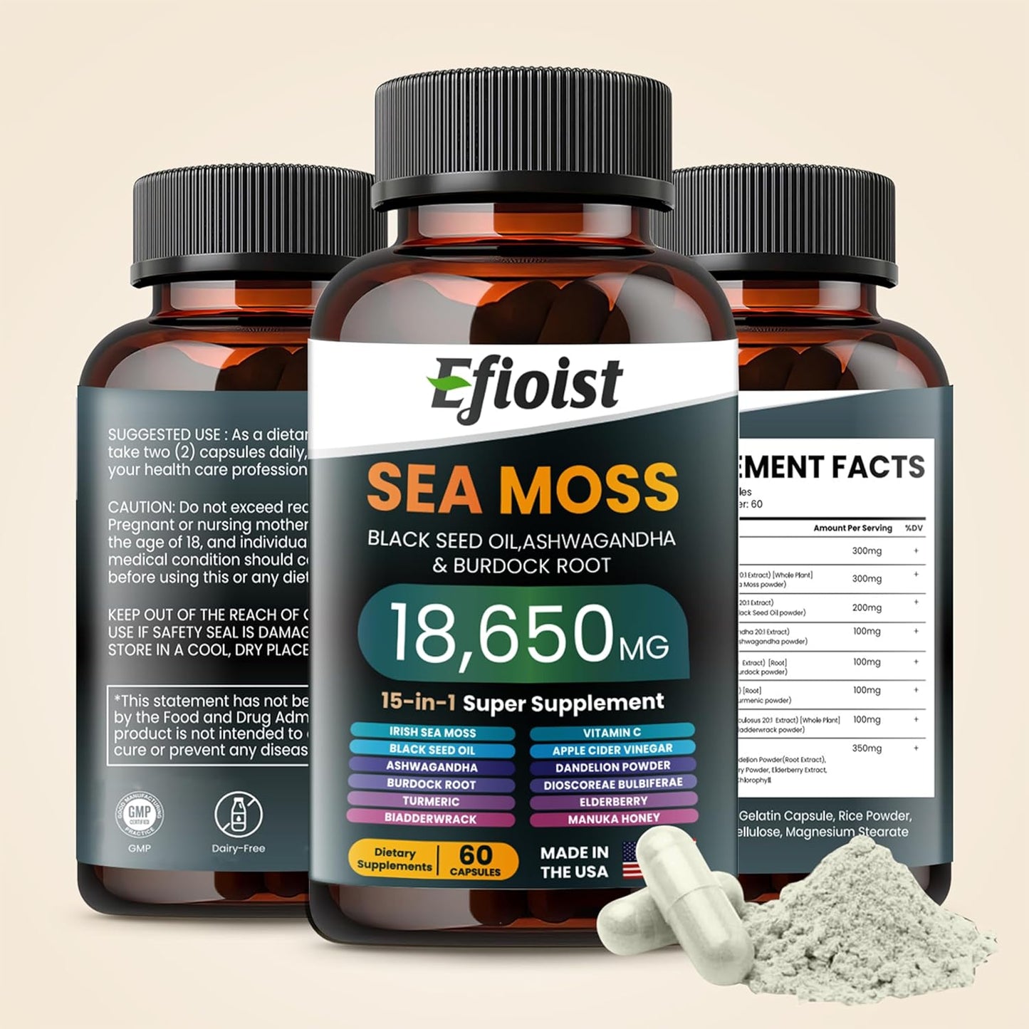 Sea Moss Black Seed Oil Supplement with Ashwagandha, Burdock Root, Turmeric, Bladderwrack, Chlorophyll & ACV - 120 Count