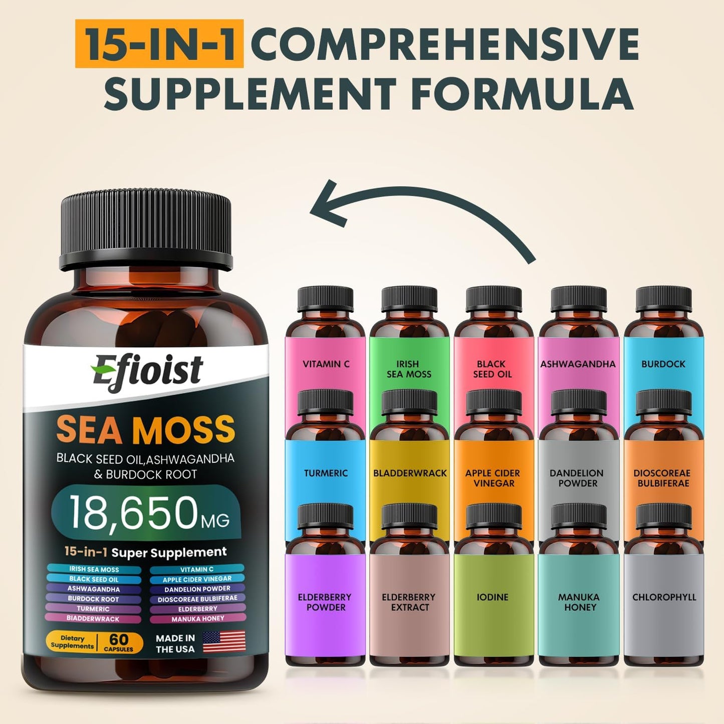 Sea Moss Black Seed Oil Supplement with Ashwagandha, Burdock Root, Turmeric, Bladderwrack, Chlorophyll & ACV - 120 Count