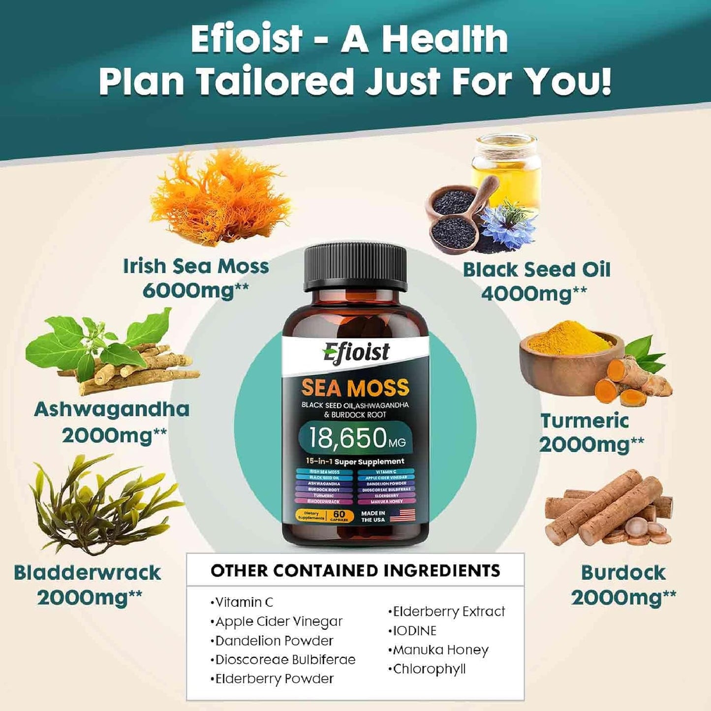 Sea Moss Black Seed Oil Supplement with Ashwagandha, Burdock Root, Turmeric, Bladderwrack, Chlorophyll & ACV - 120 Count