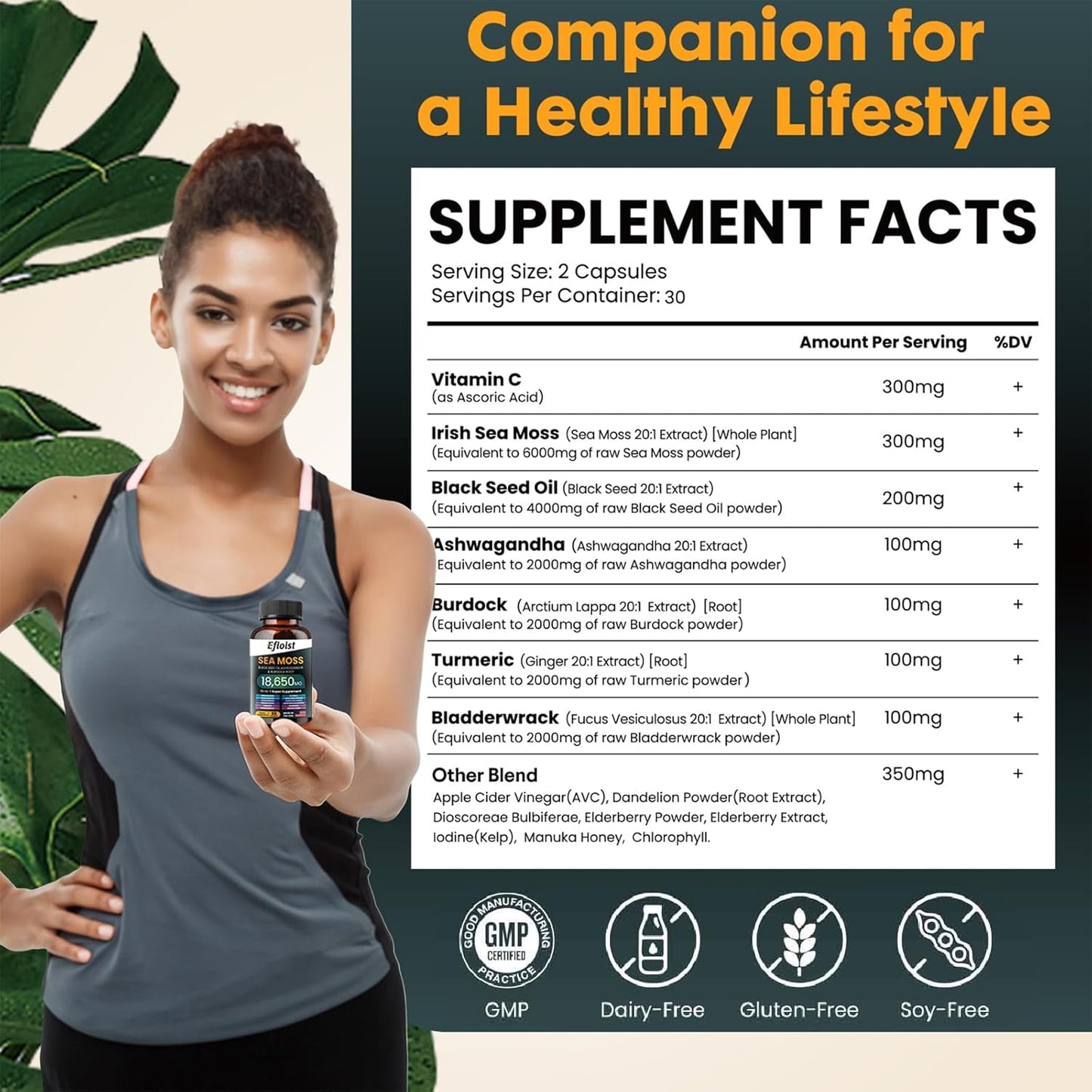 Sea Moss Black Seed Oil Supplement with Ashwagandha, Burdock Root, Turmeric, Bladderwrack, Chlorophyll & ACV - 120 Count