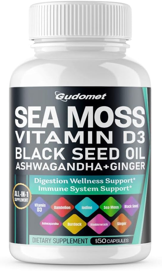 Sea Moss Black Seed Oil Supplement with Vitamin C, Vitamin D3, Ashwagandha, Burdock, Bladderwrack, Ginger, Apple Cider Vinegar, Dandelion, Yellow Dock - All-in-1 Formula