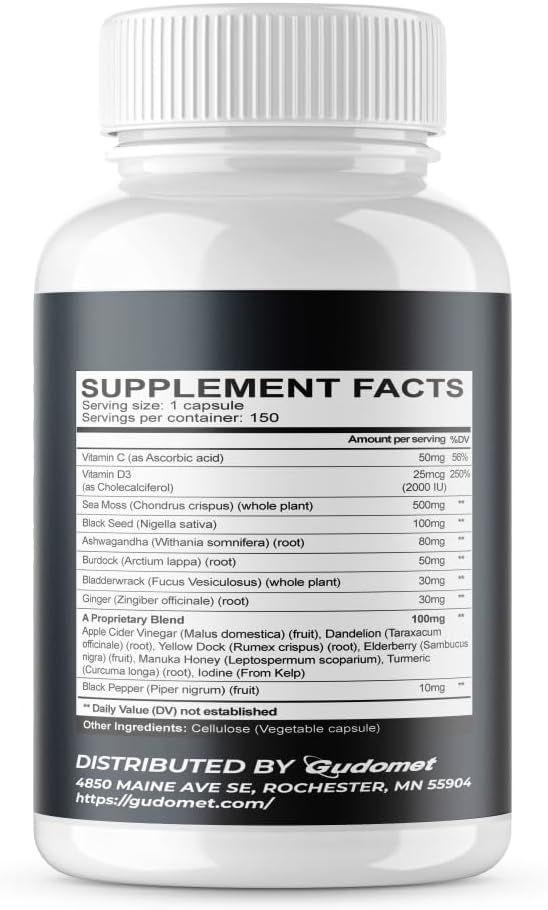 Sea Moss Black Seed Oil Supplement with Vitamin C, Vitamin D3, Ashwagandha, Burdock, Bladderwrack, Ginger, Apple Cider Vinegar, Dandelion, Yellow Dock - All-in-1 Formula