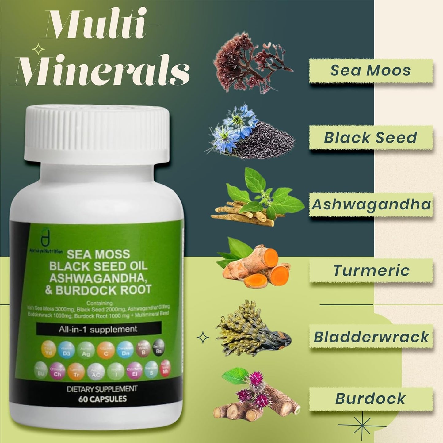 Sea Moss Capsules with Black Seed Oil, Ashwagandha, Burdock Root - 60 Capsules, Irish Sea Moss Supplement with Vitamin C, D3, Manuka & Dandelion - Multi Minerals Supplement by Apriskye Nutrition