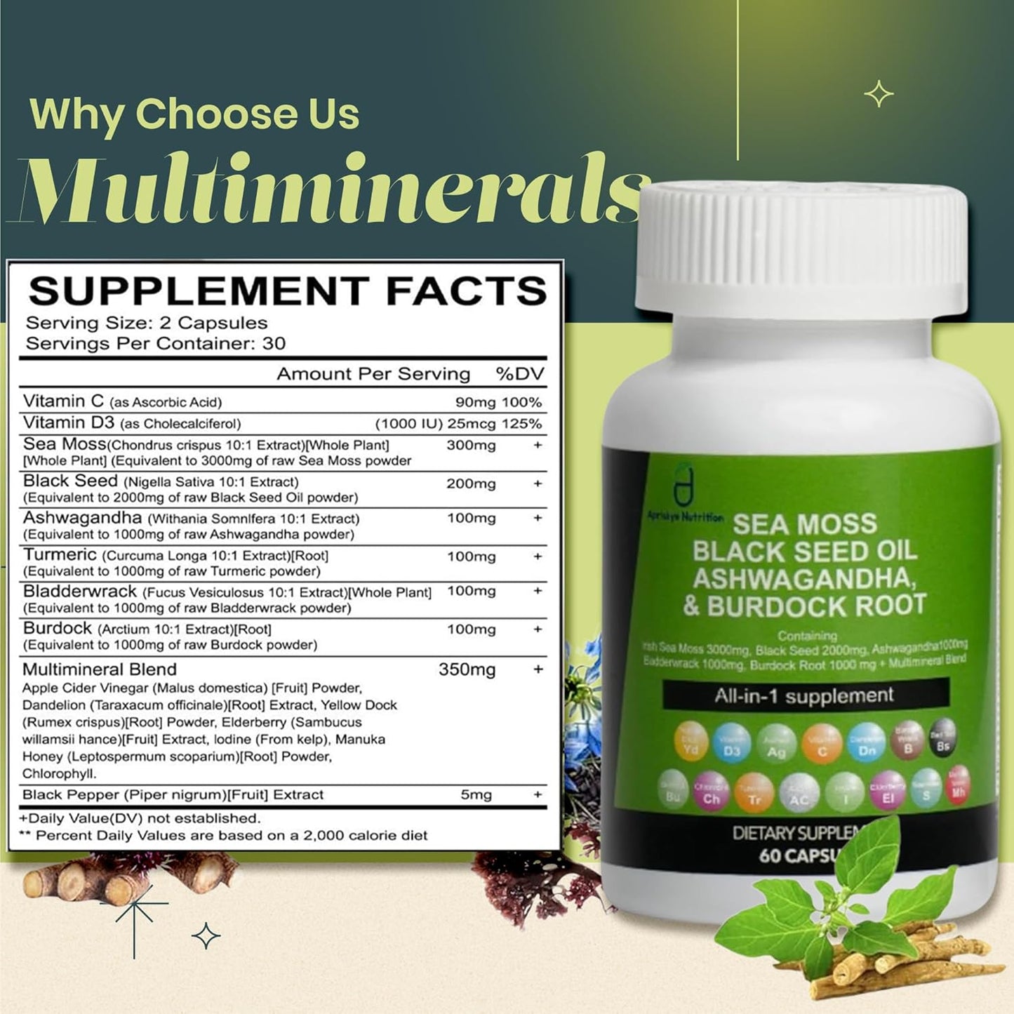 Sea Moss Capsules with Black Seed Oil, Ashwagandha, Burdock Root - 60 Capsules, Irish Sea Moss Supplement with Vitamin C, D3, Manuka & Dandelion - Multi Minerals Supplement by Apriskye Nutrition