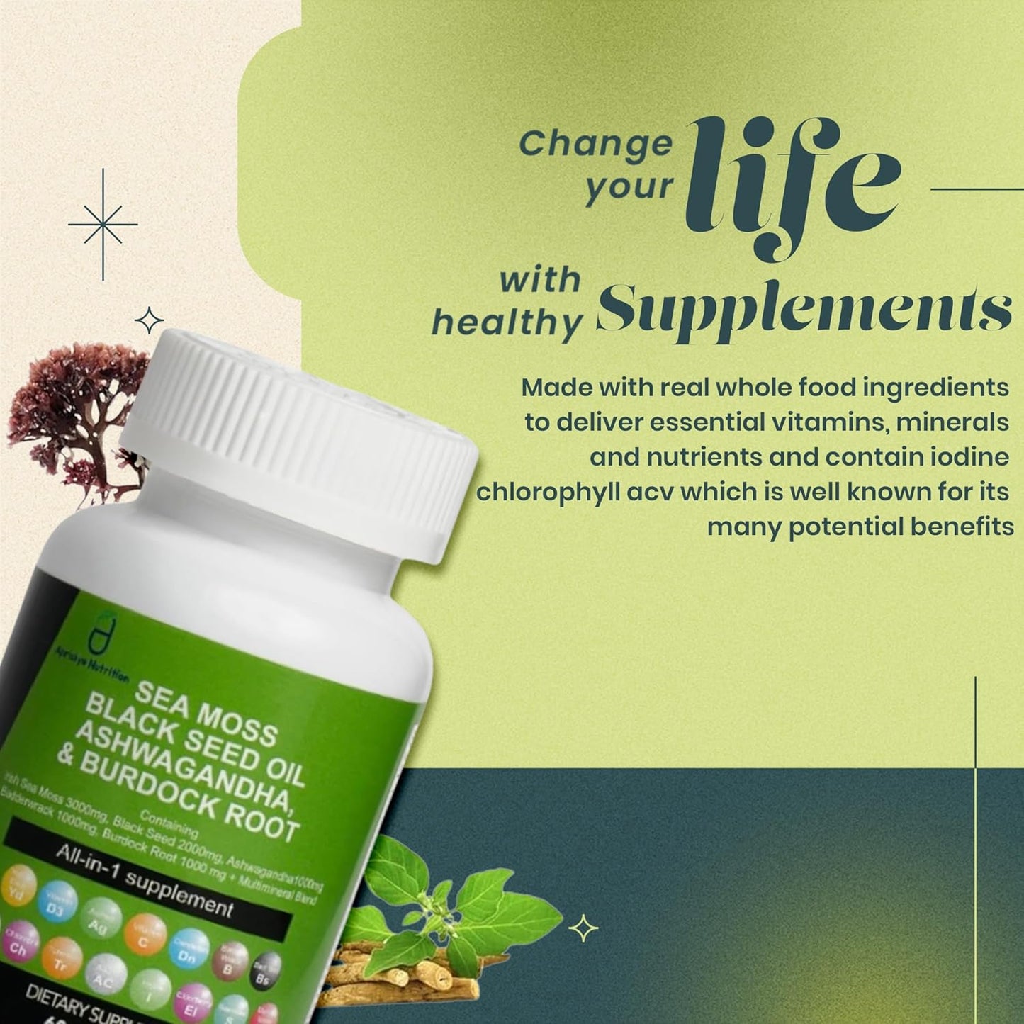 Sea Moss Capsules with Black Seed Oil, Ashwagandha, Burdock Root - 60 Capsules, Irish Sea Moss Supplement with Vitamin C, D3, Manuka & Dandelion - Multi Minerals Supplement by Apriskye Nutrition