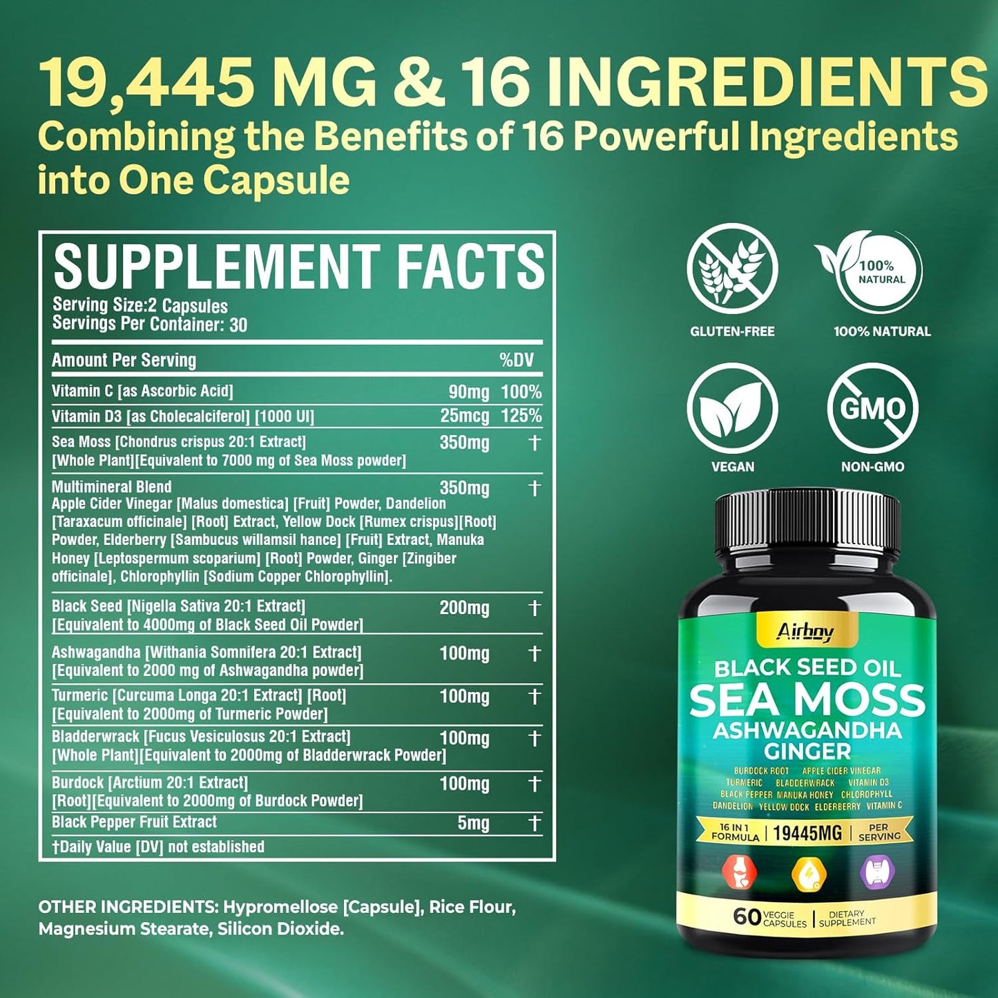 Sea Moss Capsules with Black Seed Oil, Ashwagandha, Turmeric, Bladderwrack, Burdock, Ginger, Vitamin C, D3, Elderberry, Manuka, Dandelion, Yellow Dock, Chlorophyll - Men & Women