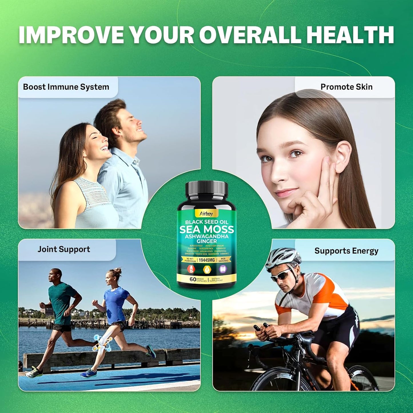 Sea Moss Capsules with Black Seed Oil, Ashwagandha, Turmeric, Bladderwrack, Burdock, Ginger, Vitamin C, D3, Elderberry, Manuka, Dandelion, Yellow Dock, Chlorophyll - Men & Women
