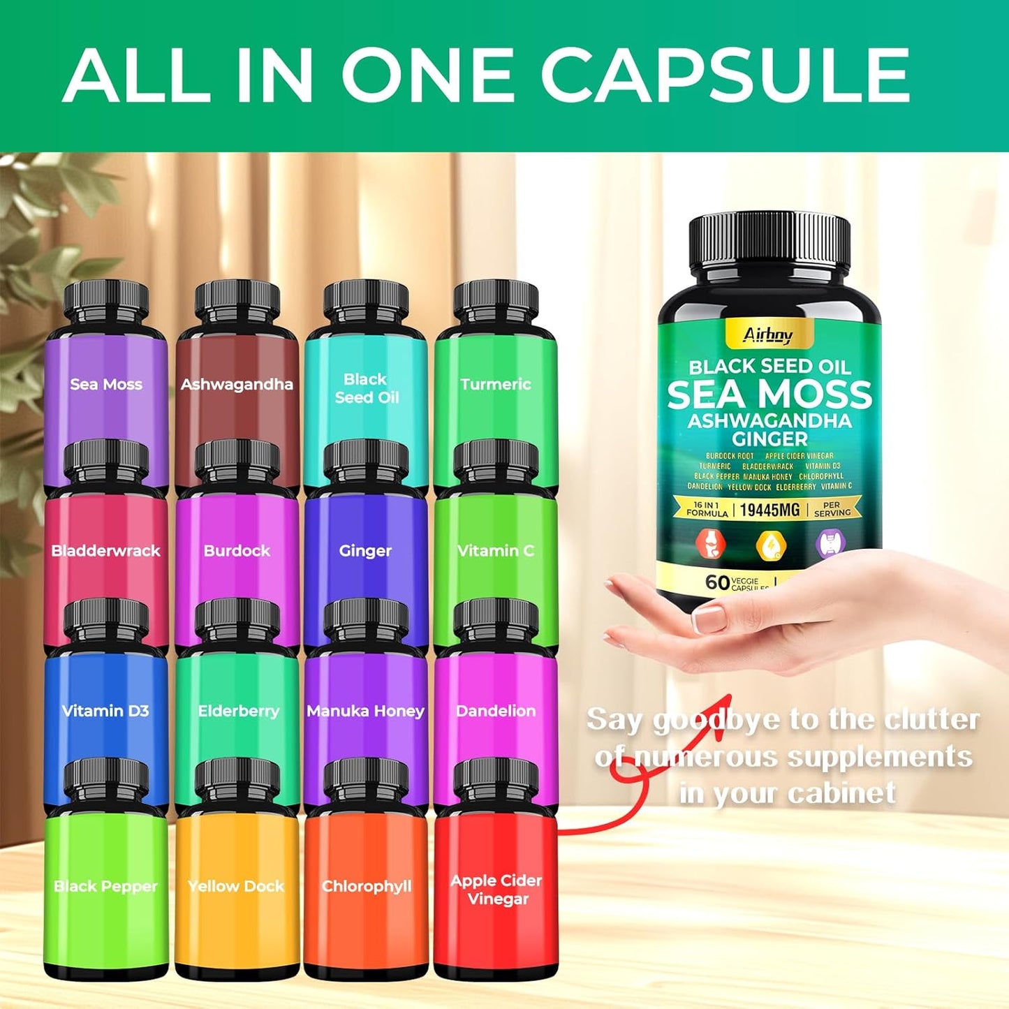 Sea Moss Capsules with Black Seed Oil, Ashwagandha, Turmeric, Bladderwrack, Burdock, Ginger, Vitamin C, D3, Elderberry, Manuka, Dandelion, Yellow Dock, Chlorophyll - Men & Women