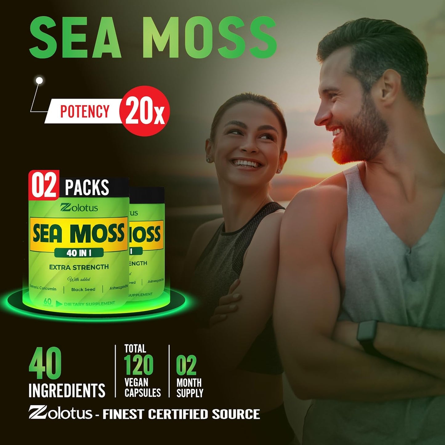 Sea Moss Supplement 40 in 1 with Turmeric, Ashwagandha, Bladderwrack (2 Packs of 60 Capsules) for Immune System and Heart Health