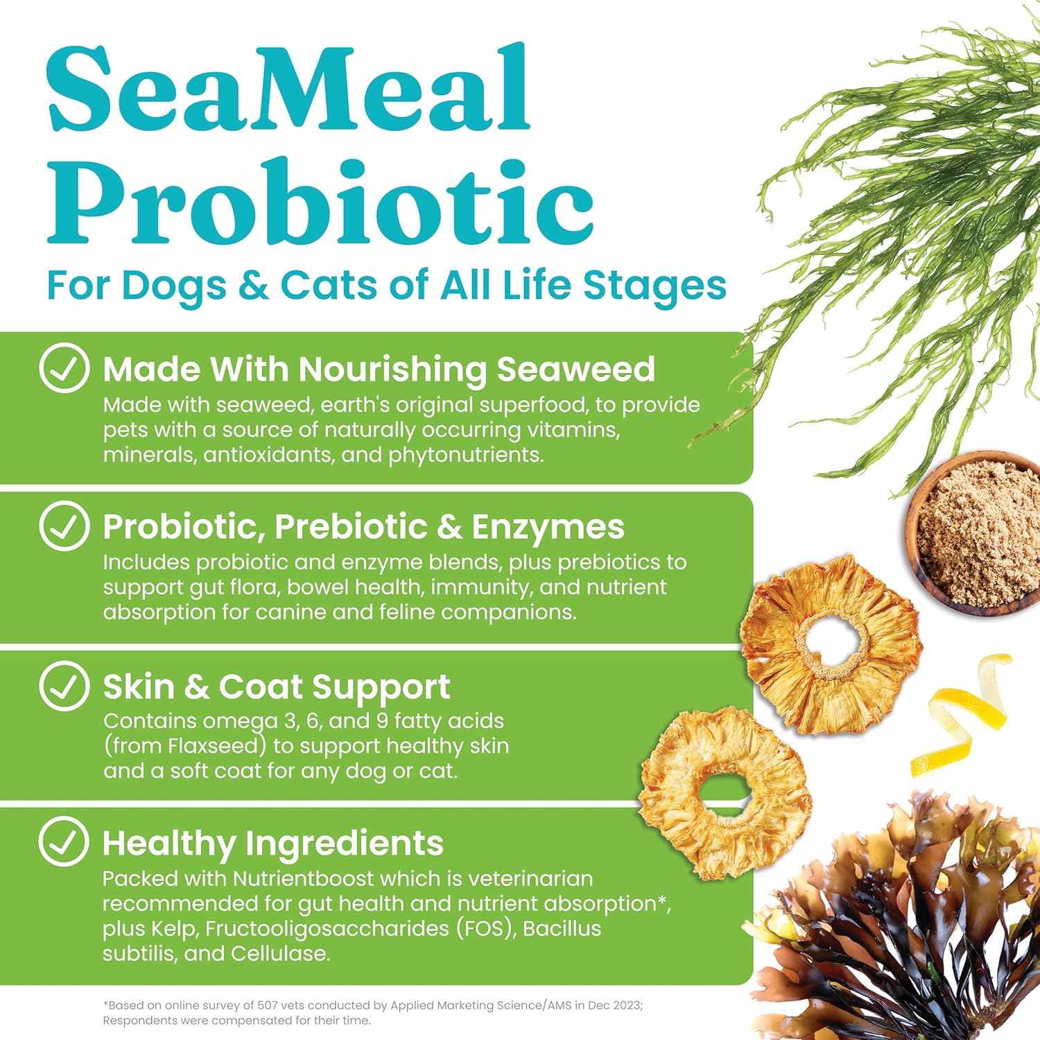 SeaMeal Cat and Dog Probiotic Supplement with Prebiotics and Enzymes for Digestive Health, Skin, Coat, and Immune Support - 8 Ounce Pack