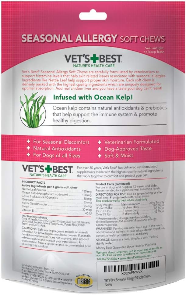 Seasonal Allergy Soft Chew Dog Supplements | Relieves Skin Irritation | Supports Histamine Levels | 90 Day Supply