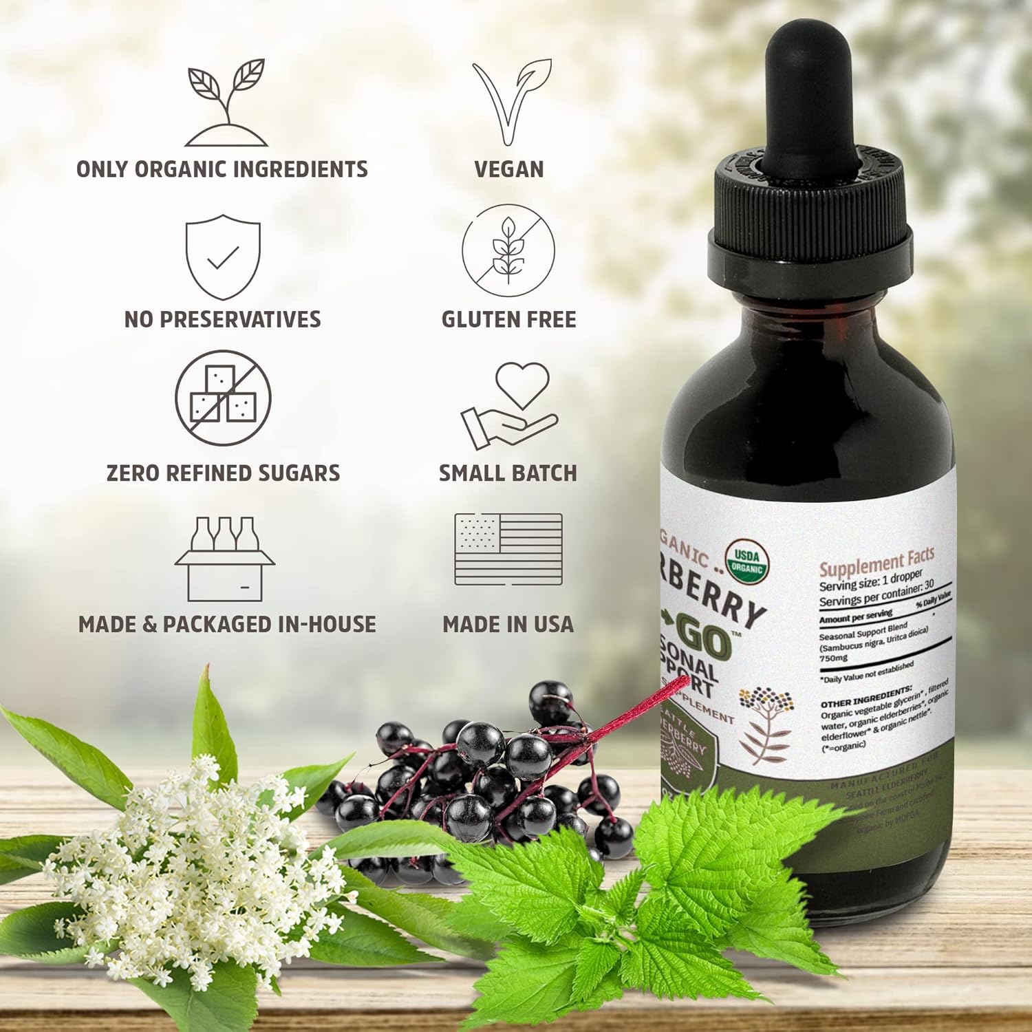 Seattle Elderberry Seasonal Support Tincture - Vegan, Gluten-Free, Allergy Benefits - Organic Ingredients - USA-Made - 2oz