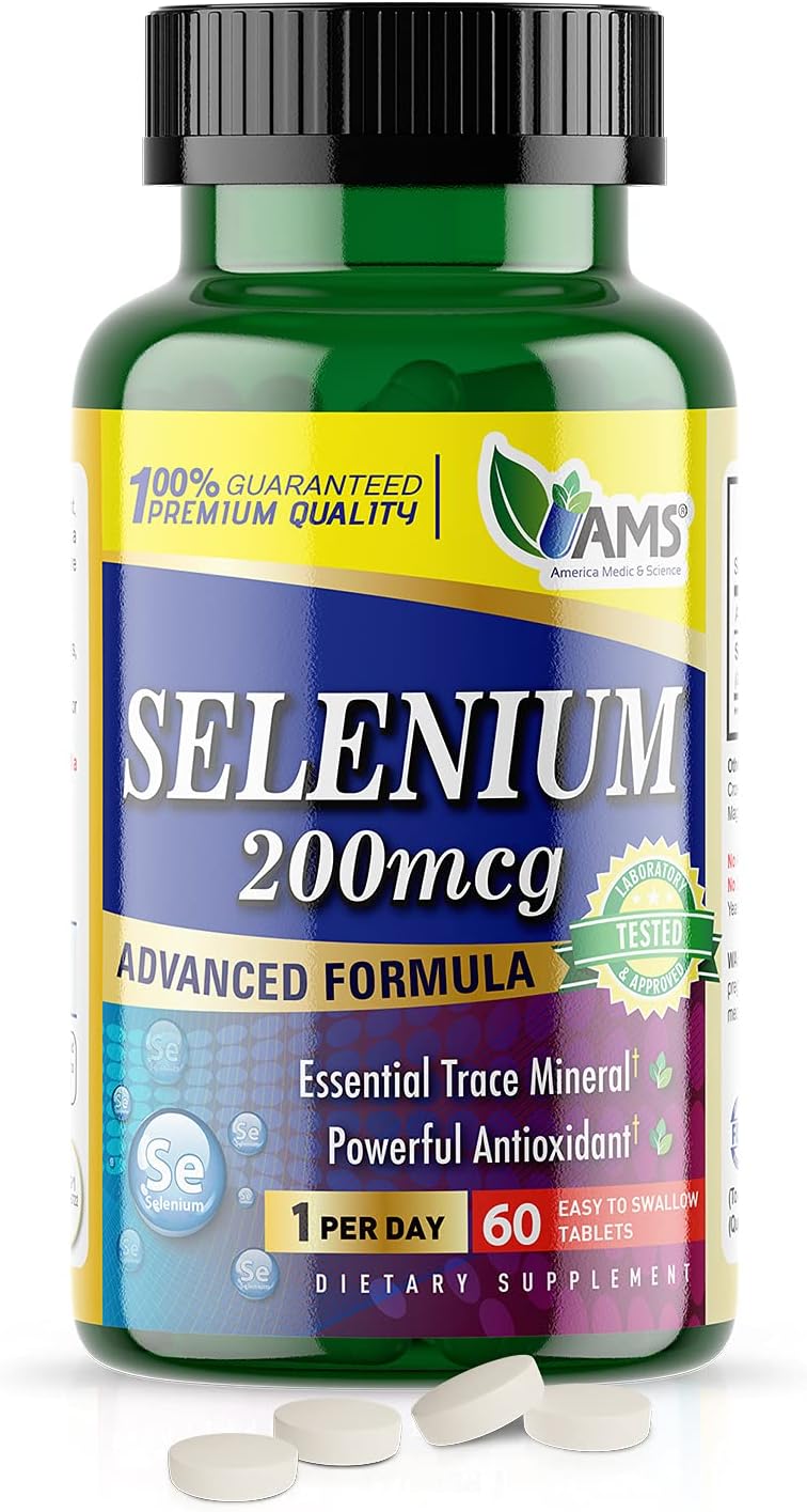 Selenium 200 mcg Dietary Supplement for Immune Support and Thyroid Health - Pack of 60 Tablets