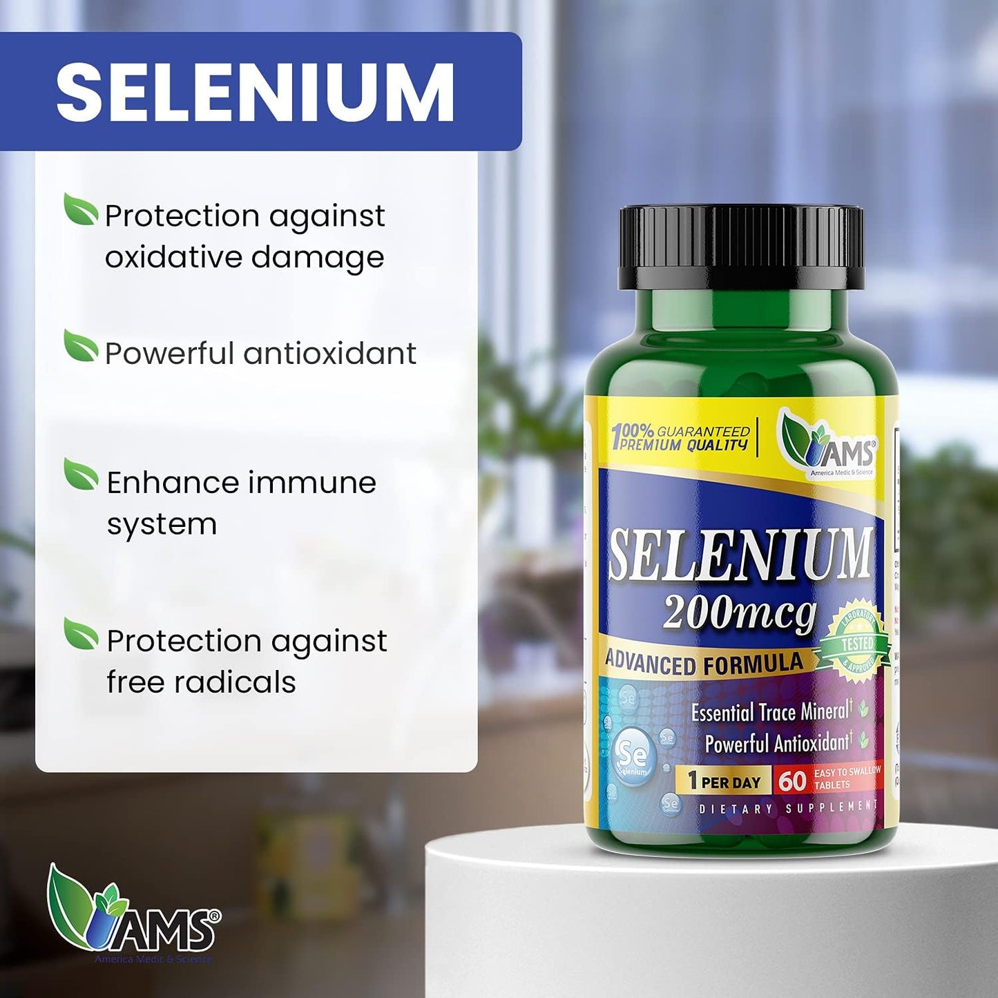 Selenium 200 mcg Dietary Supplement for Immune Support and Thyroid Health - Pack of 60 Tablets
