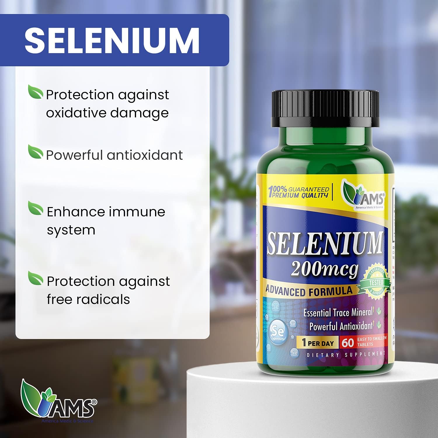 Selenium 200 mcg Dietary Supplement for Immune Support and Thyroid Health - Pack of 60 Tablets
