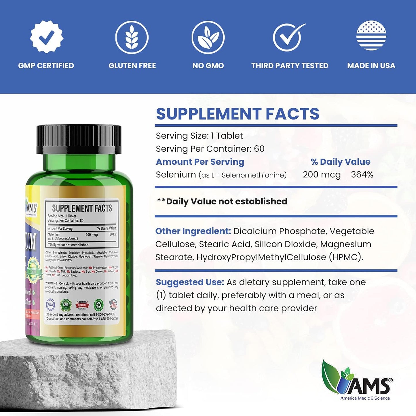 Selenium 200 mcg Dietary Supplement for Immune Support and Thyroid Health - Pack of 60 Tablets