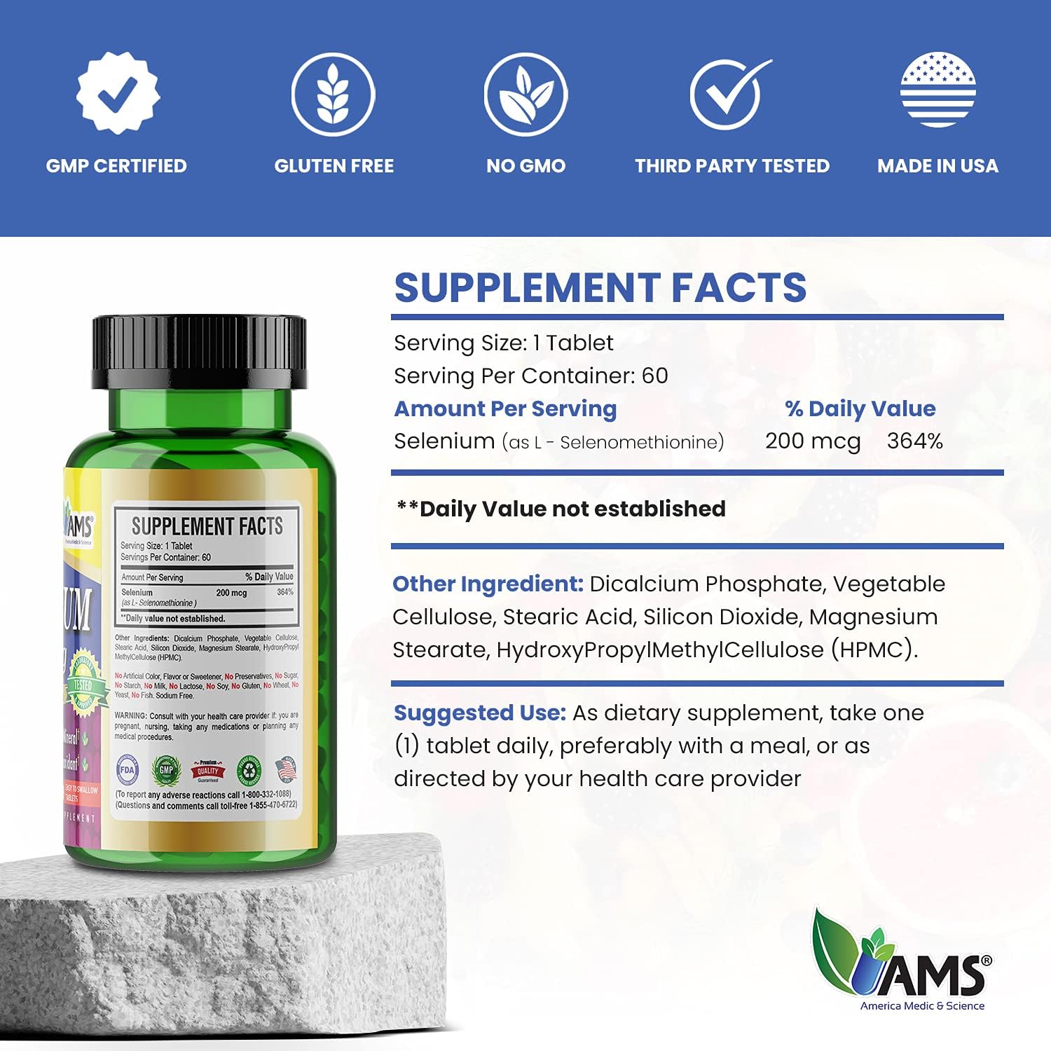 Selenium 200 mcg Dietary Supplement for Immune Support and Thyroid Health - Pack of 60 Tablets