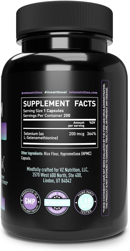 Selenium Capsule Supplement 200mcg for Healthy Antioxidant, Immune, Reproductive & Thyroid Support - Non-GMO - 200 Capsules