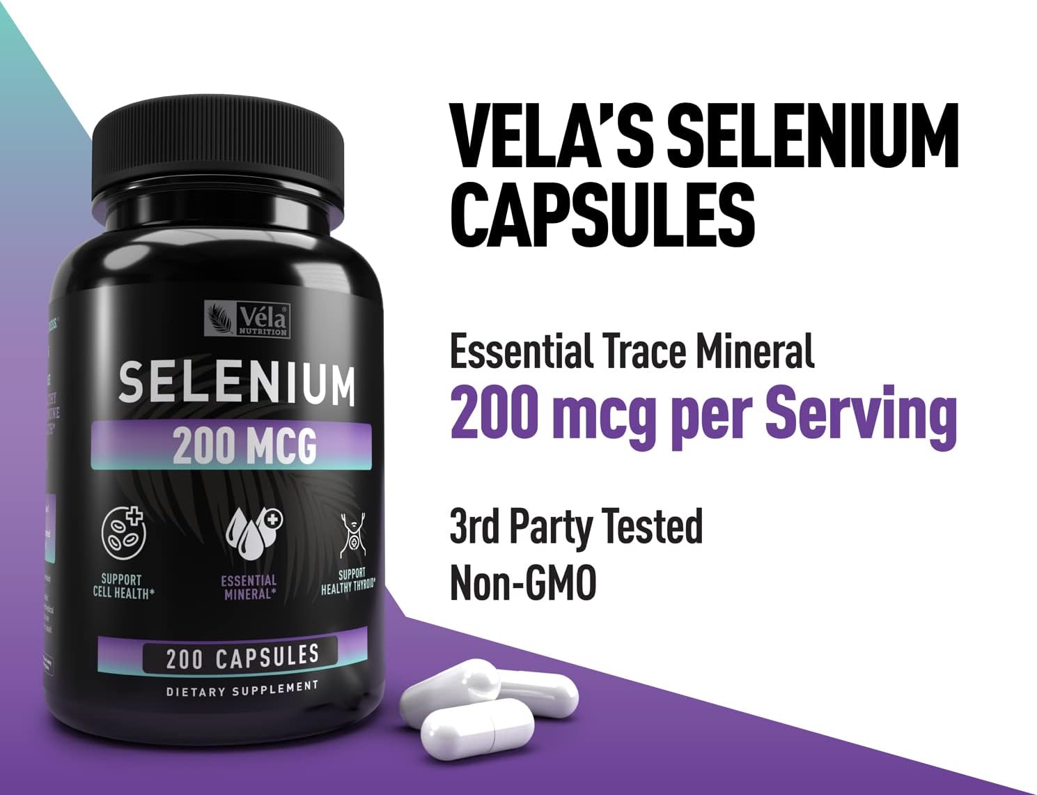 Selenium Capsule Supplement 200mcg for Healthy Antioxidant, Immune, Reproductive & Thyroid Support - Non-GMO - 200 Capsules