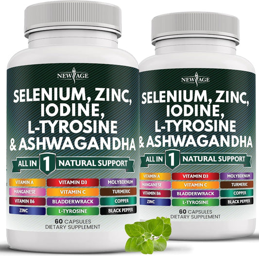 Selenium, Zinc, Iodine, L Tyrosine, Ashwagandha Supplement with Bladderwrack, Turmeric, Silica Kelp, Schisandra - 120 Count for Men and Women
