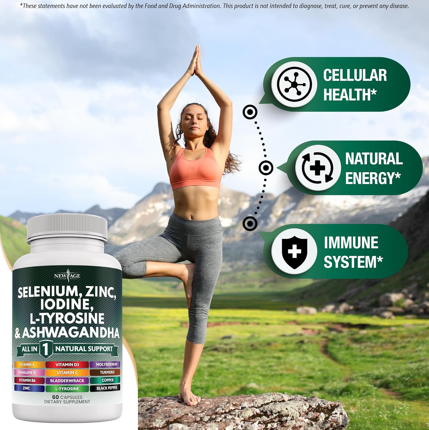 Selenium, Zinc, Iodine, L Tyrosine, Ashwagandha Supplement with Bladderwrack, Turmeric, Silica Kelp, Schisandra - 120 Count for Men and Women