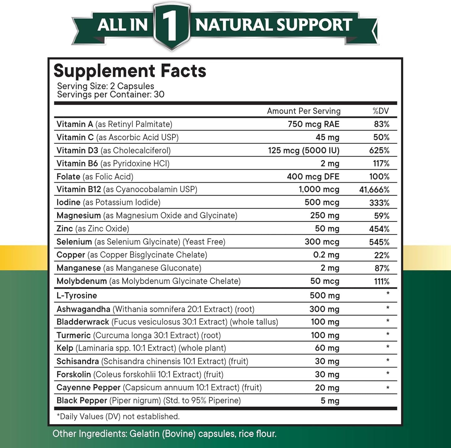 Selenium, Zinc, Iodine, L Tyrosine, Ashwagandha Supplement with Bladderwrack, Turmeric, Silica Kelp, Schisandra - 120 Count for Men and Women