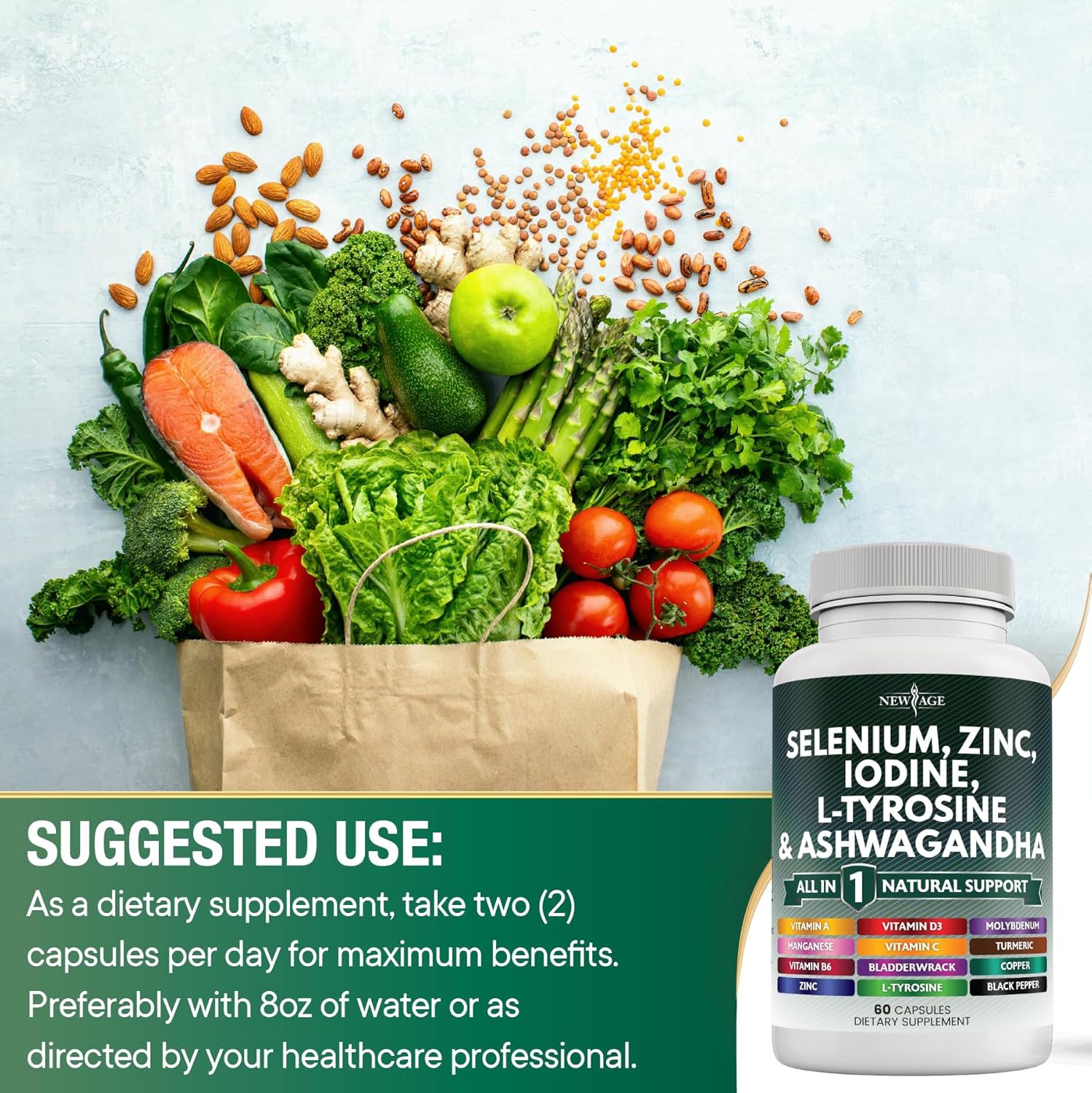 Selenium, Zinc, Iodine, L Tyrosine, Ashwagandha Supplement with Bladderwrack, Turmeric, Silica Kelp, Schisandra - 120 Count for Men and Women