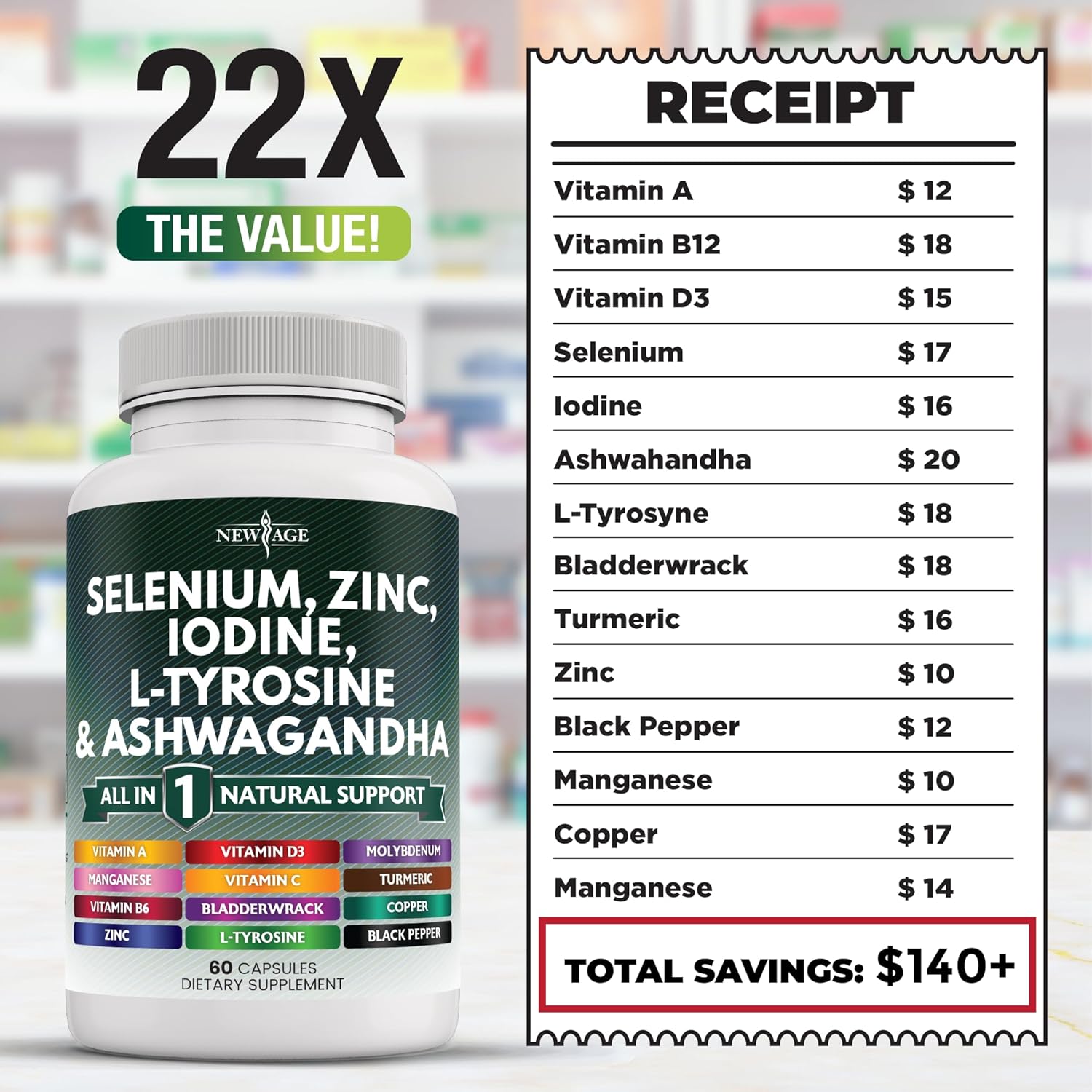 Selenium, Zinc, Iodine, L Tyrosine, Ashwagandha Supplement with Bladderwrack, Turmeric, Silica Kelp, Schisandra - 120 Count for Men and Women