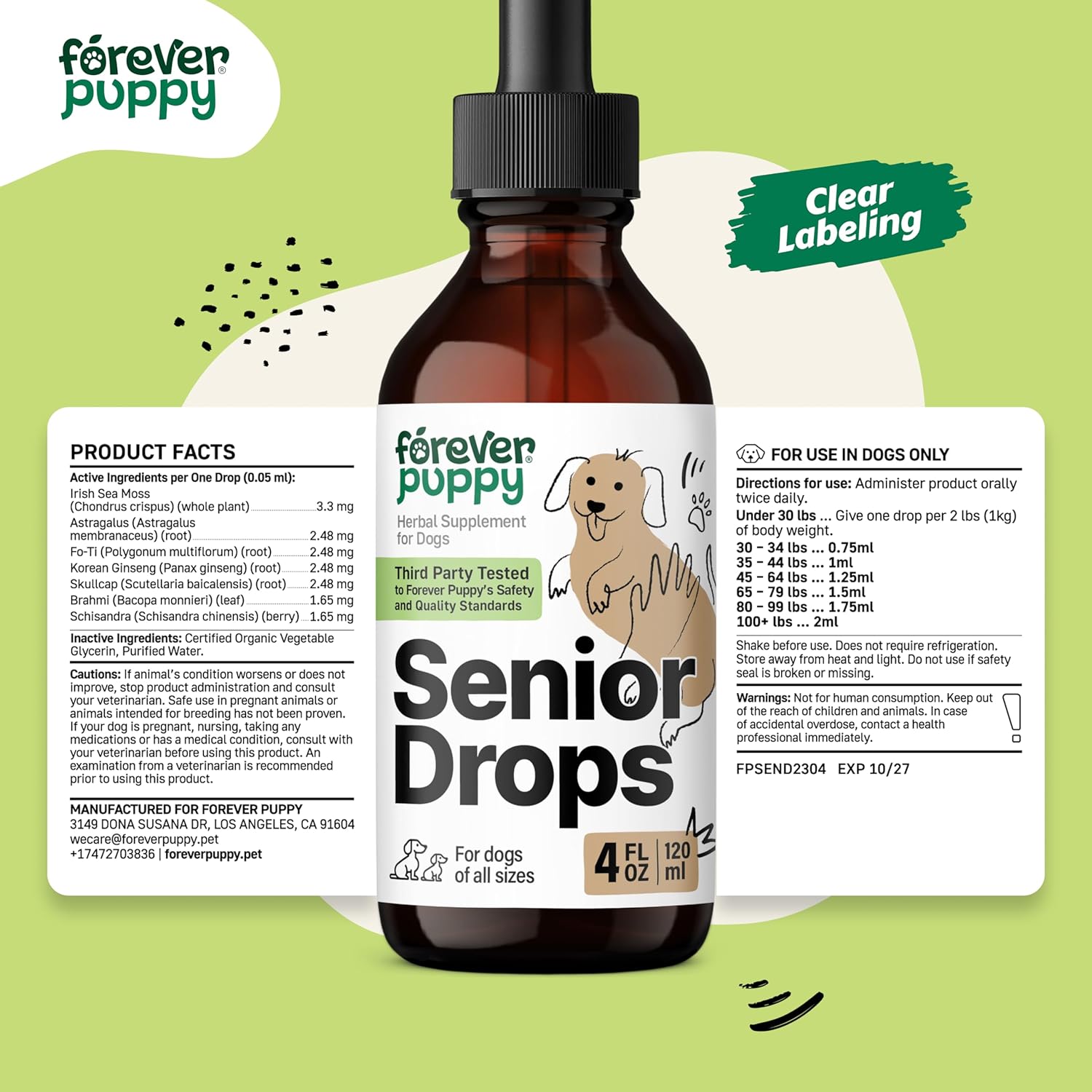 Senior Dog Drops for Immune, Thyroid, & Cognitive Support - Antioxidant Supplement for Elderly Dogs - Vitamins for Senior Wellness - 4 oz