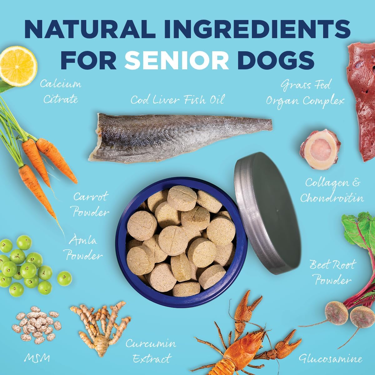 Senior Dog Supplement with Digestive Enzymes, Glucosamine, Chondroitin, Vitamins, Antioxidants, Prebiotics, Probiotics, and Omegas - 90 Count