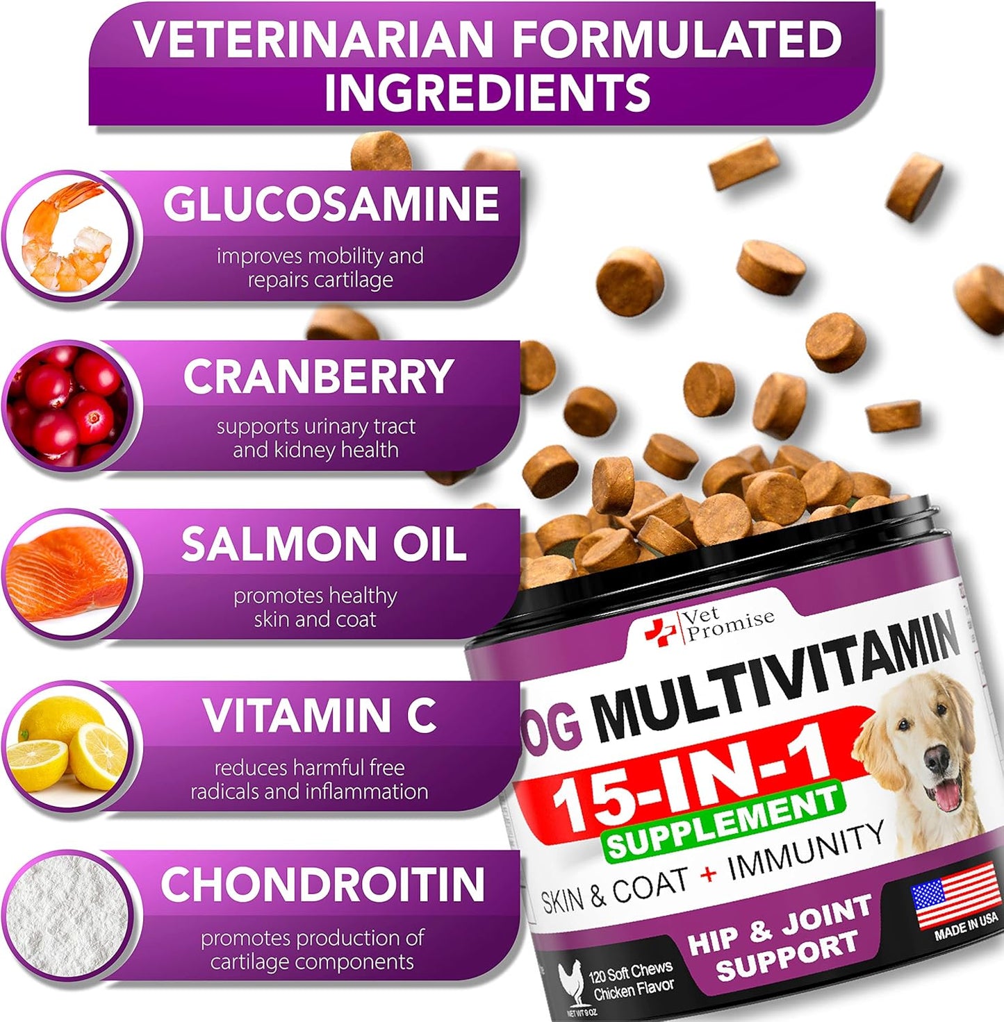 Senior & Puppy Dog Multivitamin Chewable with Glucosamine - 120 Chews - Joint Support & Immunity for Dogs - Pet Health Supplement for Mobility, Energy, Gut & Skin