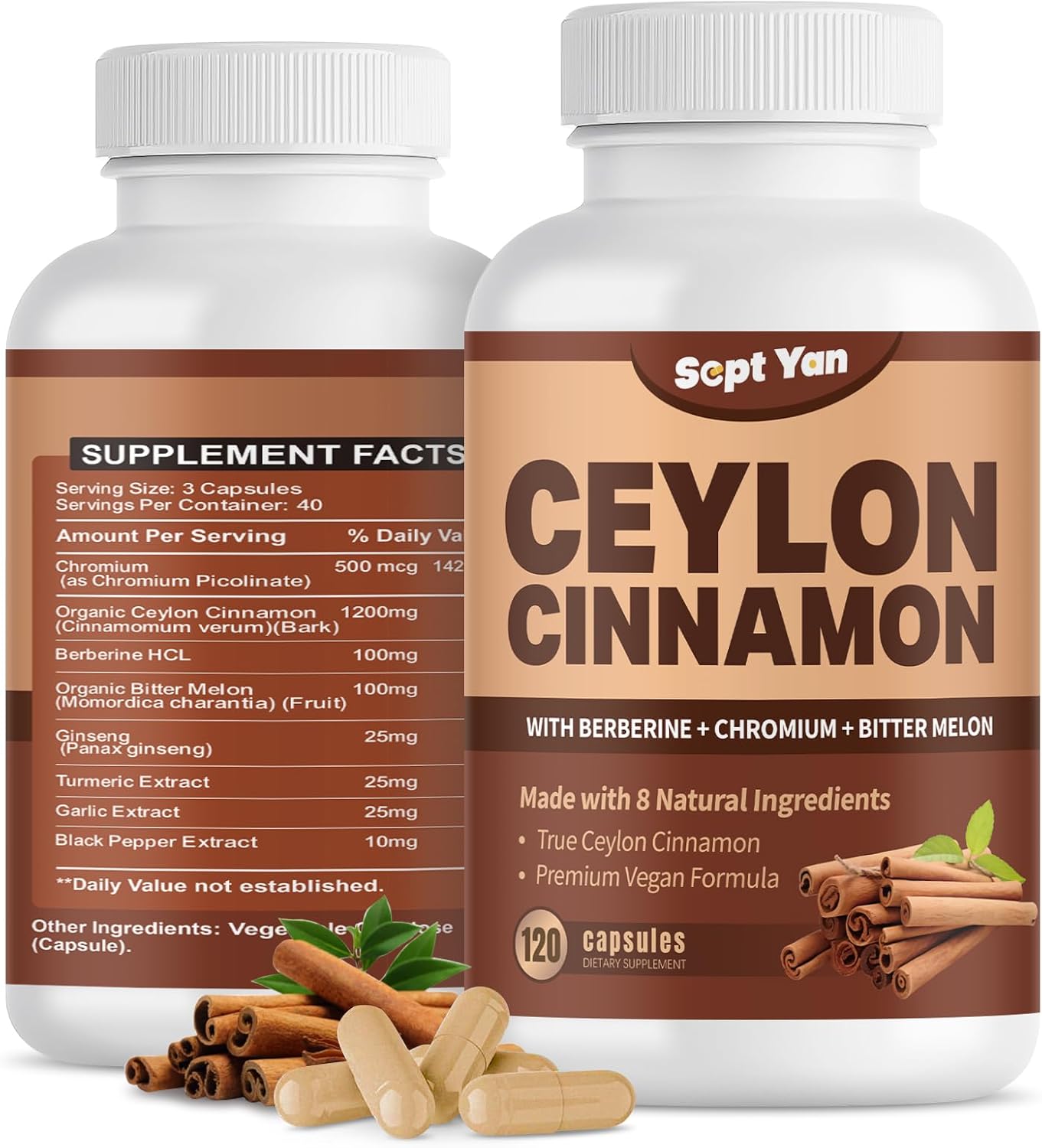 SEPT YAN Ceylon Cinnamon Capsules 1200mg with Chromium, Berberine, Turmeric - 120 Vegan Capsules for Energy, Metabolism, Heart & Immune Support