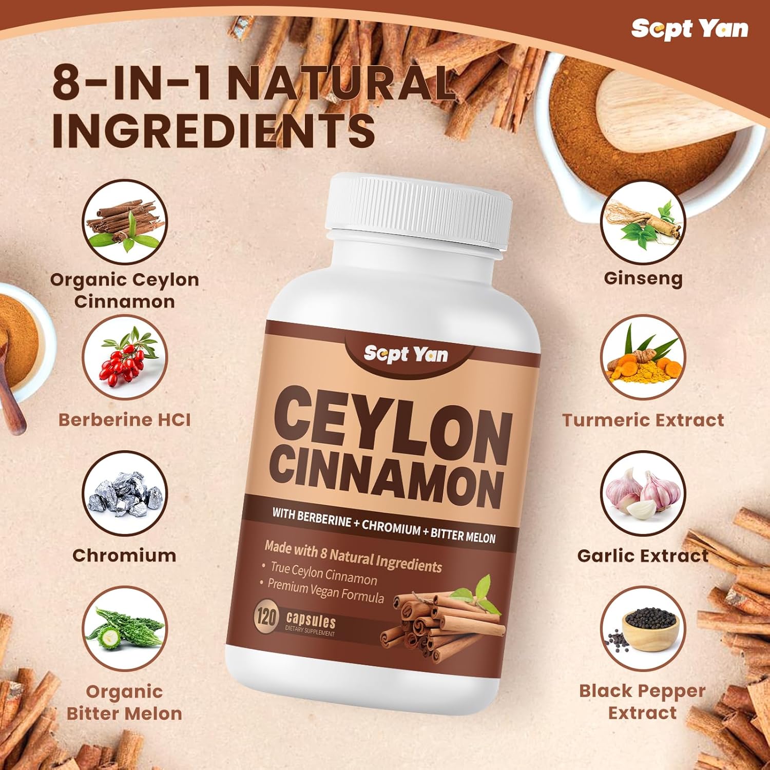 SEPT YAN Ceylon Cinnamon Capsules 1200mg with Chromium, Berberine, Turmeric - 120 Vegan Capsules for Energy, Metabolism, Heart & Immune Support
