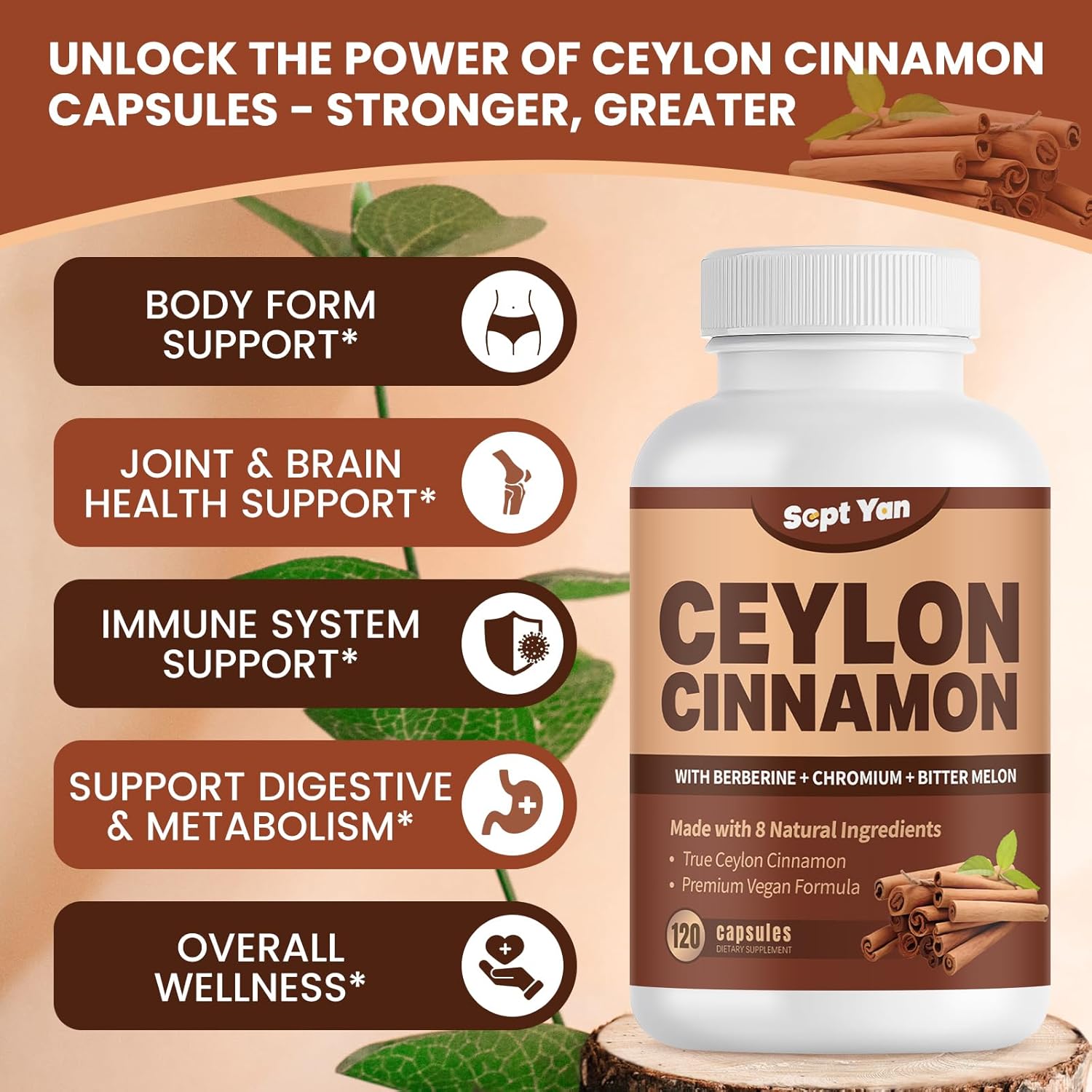 SEPT YAN Ceylon Cinnamon Capsules 1200mg with Chromium, Berberine, Turmeric - 120 Vegan Capsules for Energy, Metabolism, Heart & Immune Support
