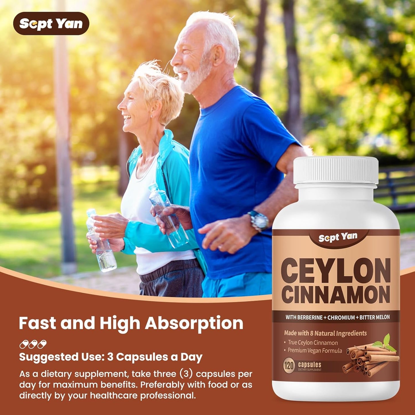 SEPT YAN Ceylon Cinnamon Capsules 1200mg with Chromium, Berberine, Turmeric - 120 Vegan Capsules for Energy, Metabolism, Heart & Immune Support