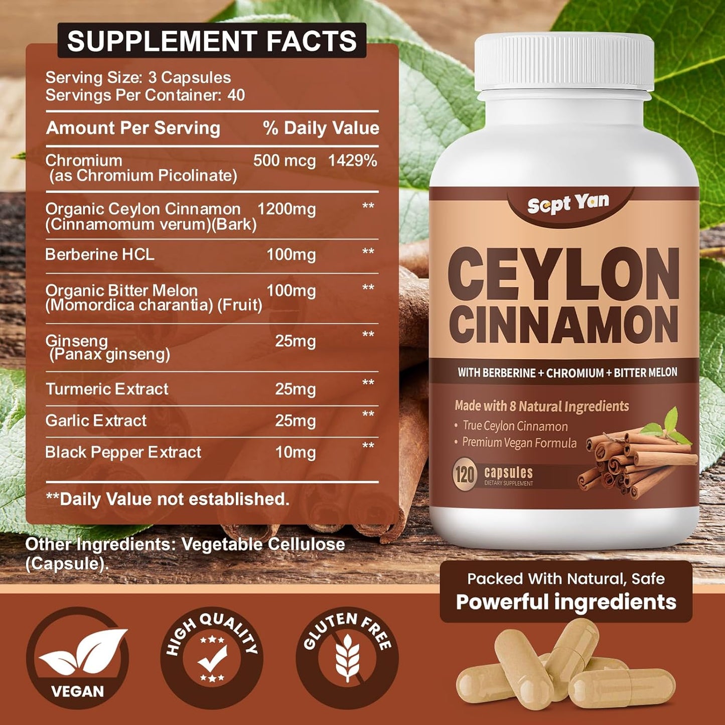 SEPT YAN Ceylon Cinnamon Capsules 1200mg with Chromium, Berberine, Turmeric - 120 Vegan Capsules for Energy, Metabolism, Heart & Immune Support