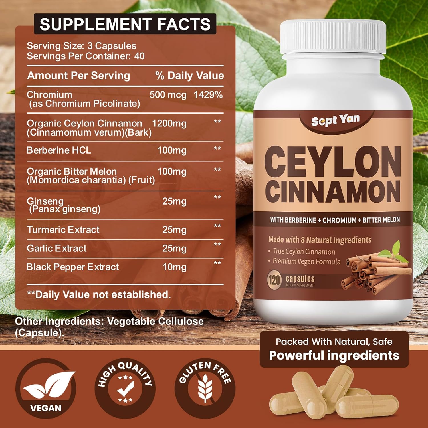 SEPT YAN Ceylon Cinnamon Capsules 1200mg with Chromium, Berberine, Turmeric - 120 Vegan Capsules for Energy, Metabolism, Heart & Immune Support