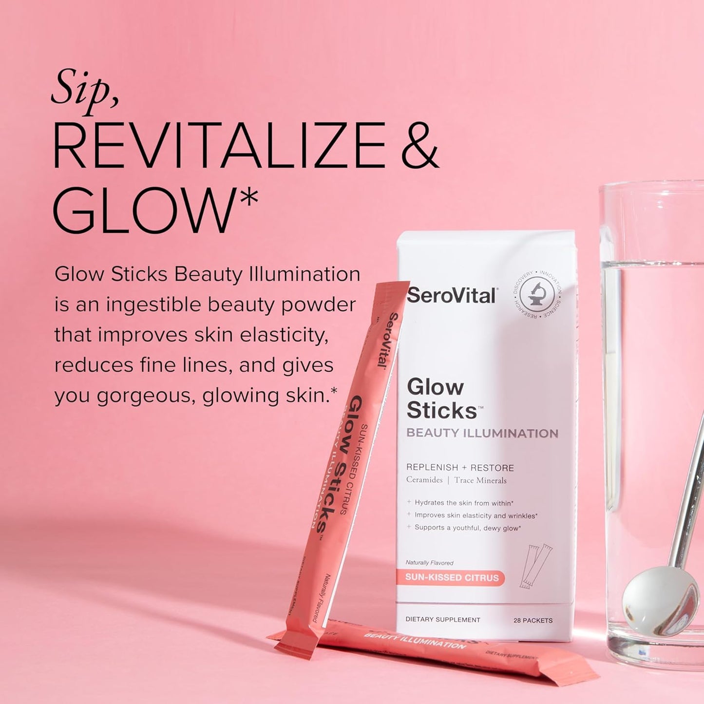 Serovital Glow Sticks Anti-Aging Powder with Ceramides and Hyaluronic Acid, Enhance Skin in 30 Days, 28 Ct.
