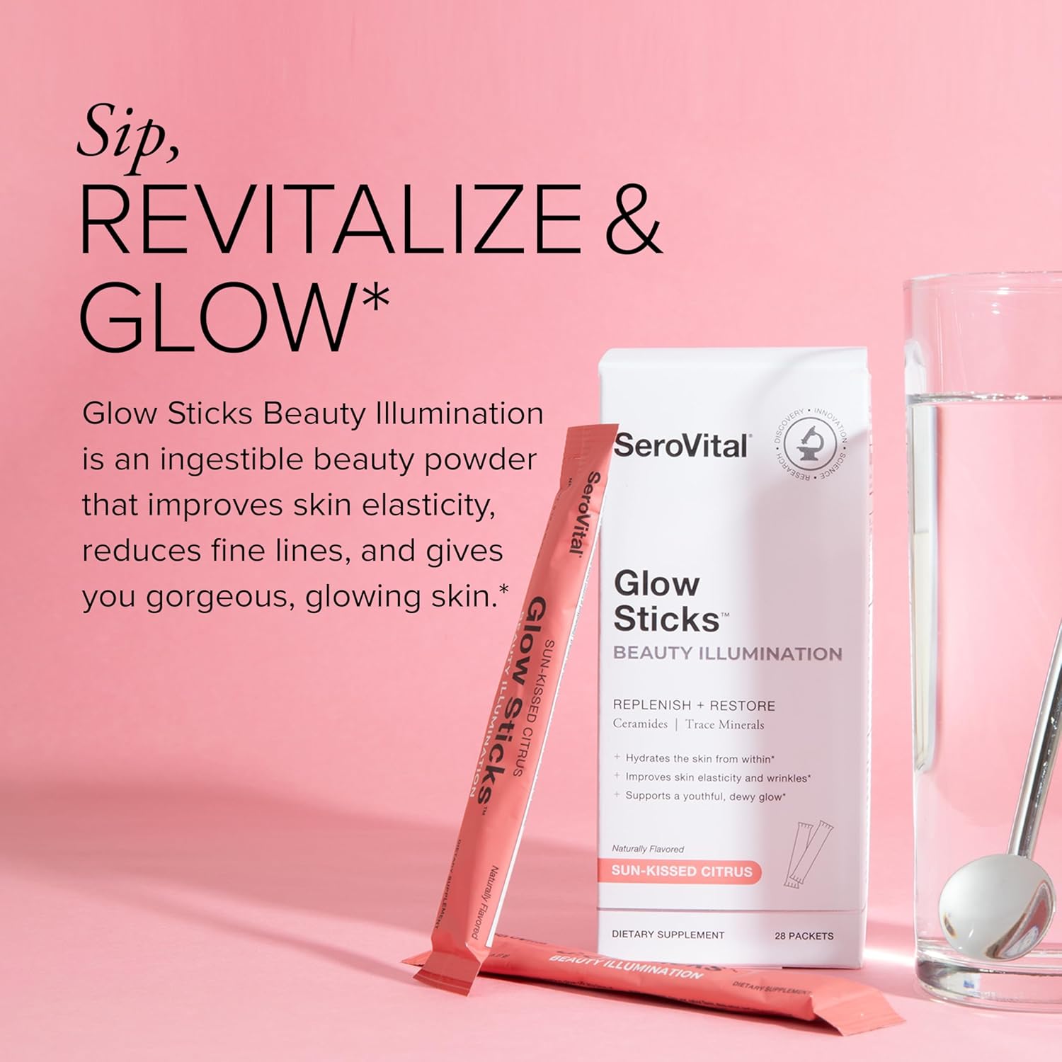 Serovital Glow Sticks Anti-Aging Powder with Ceramides and Hyaluronic Acid, Enhance Skin in 30 Days, 28 Ct.