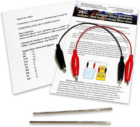 Set of (2) 99.99% Pure 12-Gauge Colloidal Silver Generator Rods + Mini/Travel Kit